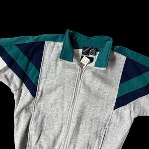 Vintage 90s MacGregor Full Zip Track Jacket Medium Gray Teal Blue Stripes Retro